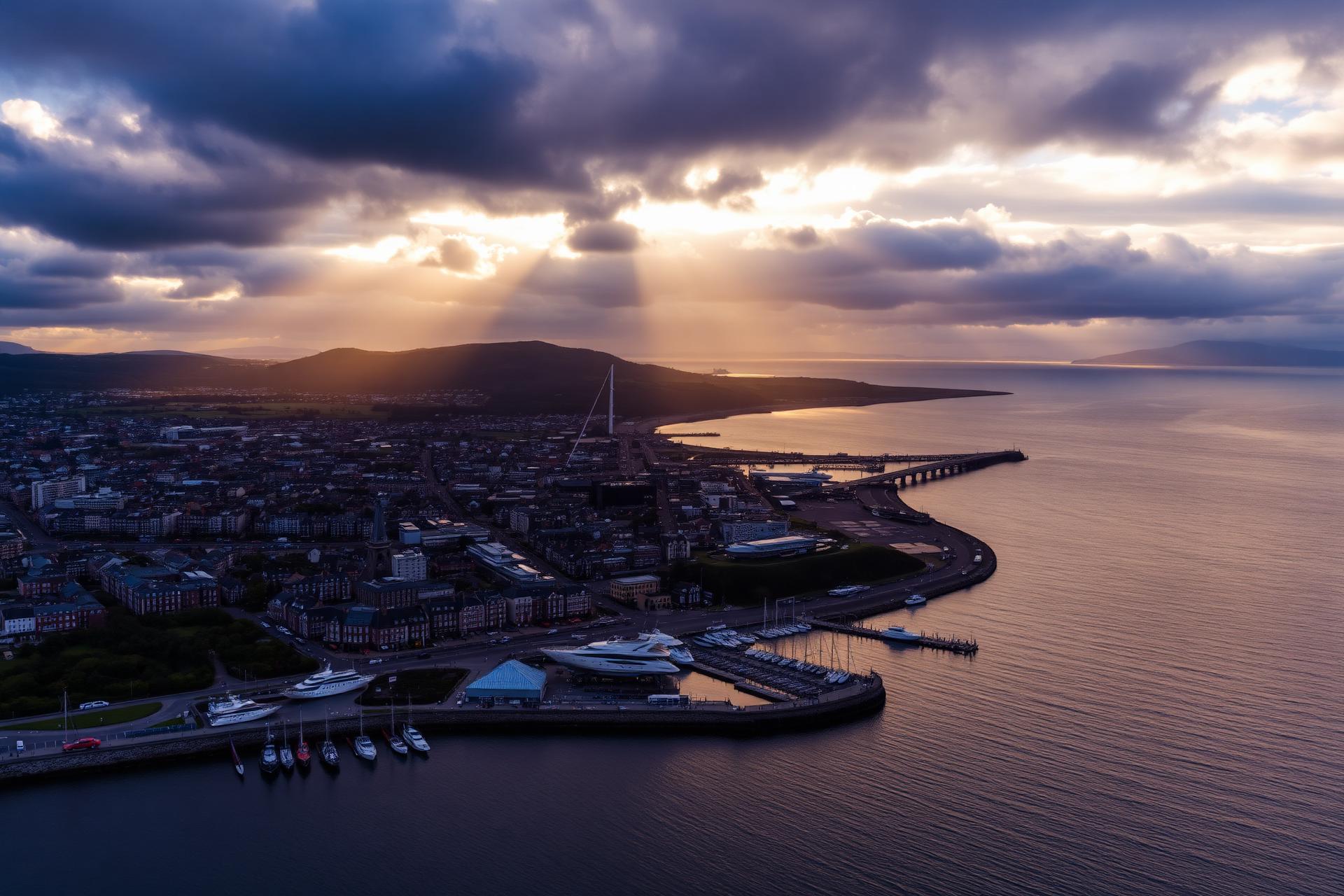 Aberdeen harbour and granite skyline at golden hour